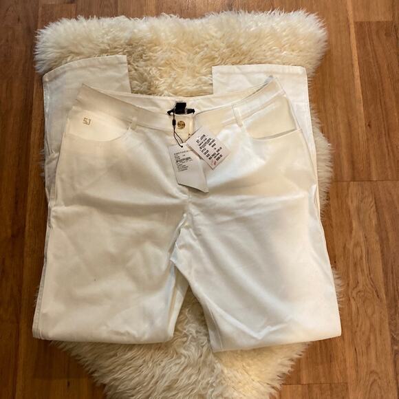 St. John Denim - St. John Couture Women’s White Bootcut Jeans w/ Brown Lace Fringe Back Pockets